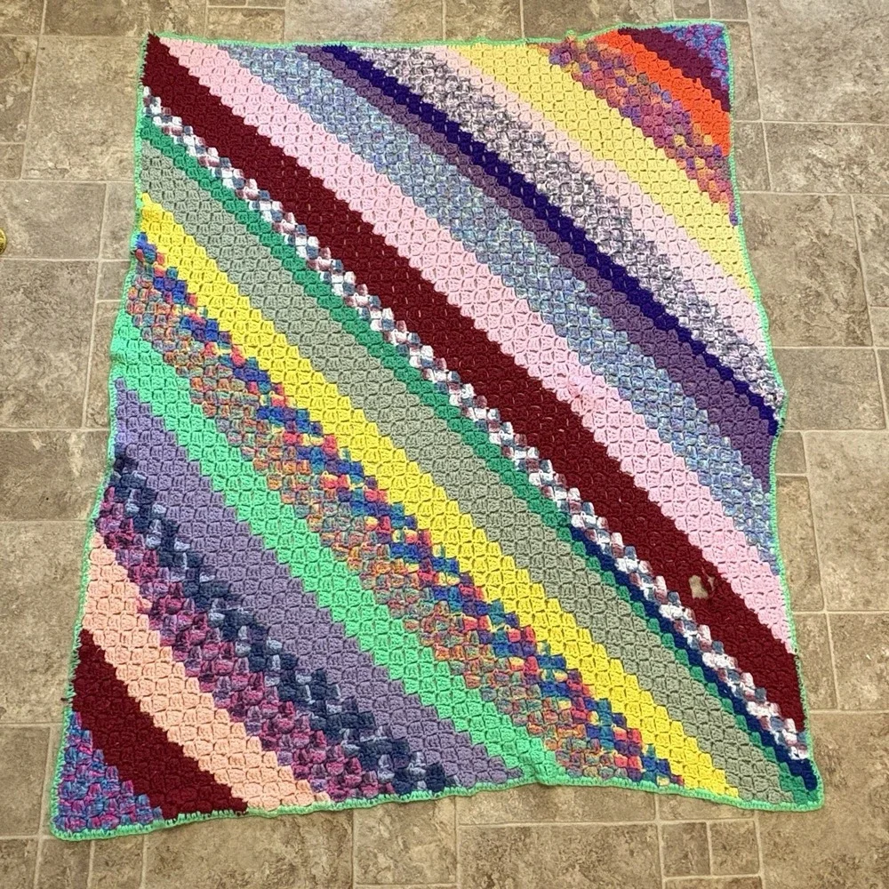 Handmade Crochet Afghan Throw Blanket GrannyCore Ugly Colorful Stripes 56x46